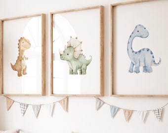 Dinosaur Nursery Prints: Neutral Dino Wall Art, Set of 3 (Digital Download)