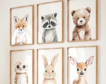 Woodland Animal Nursery Prints: Fox, Bear, Rabbit (Digital Download Set of 6)