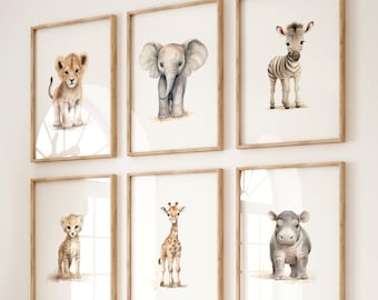 Safari Tierkindergarten Drucke: Set von 6, Löwe, Elefant (Digitaler Download)