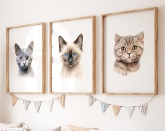 Cat Nursery Prints:  Kitten Decor, Set of 3 (Digital Print)
