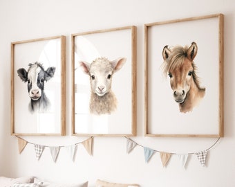 Farm Animal Nursery Prints: Calf, Lamb, Pony (Set of 3) (Digital Print)