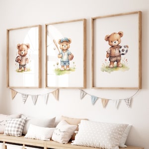 Teddy Bear Sports Nursery Prints: Boy Room Decor (Set of 3) (Digital Print)