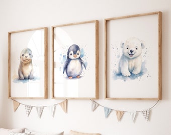 Arctic Animal Nursery Prints: Polar Bear, Penguin, Seal (Set of 3) (Digital Prints)