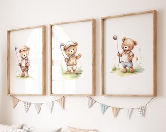 Teddy Bear Golf Nursery Prints: Sports Decor Set of 3 (Digital Print)