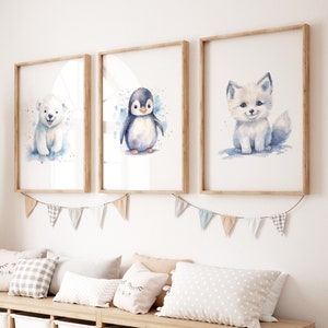 3er Set Arktis Poster, Kinderzimmer Dekoration, Aquarell Tiere der Arktis, Kunst für Babyzimmer, Eisbär, Pinguin, Polarfuchs