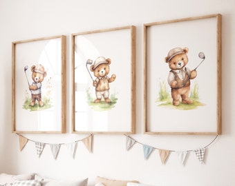 Golf Nursery Prints: Teddy Bear Golfer Set of 3 (Digital Print)