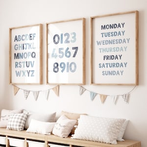 Blue Alphabet, Numbers, Days of The Week Prints: Educational Wall Art (Digital Print)