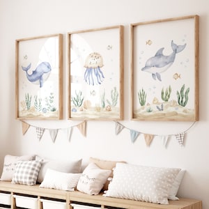 Ocean Nursery Prints: Whale, Jellyfish, Dolphin Art (Set of 3) (Digital Download)