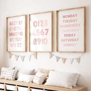 Pink Alphabet, Numbers, Days of The Week Prints: Homeschool Decor (Set of 3) (Digital Print)