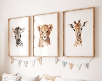 Decoración de guardería de safari / Juego de 3 impresiones / Impresiones de animales de safari / Arte de guardería de safari / Arte de pared de guardería de safari / Decoración de guardería de jungla