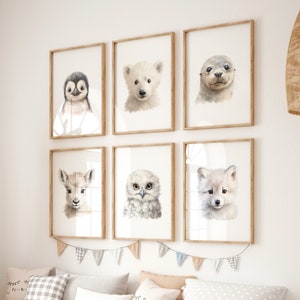 Arte de pared para habitación infantil ártica / Juego de 6 láminas / Decoración para habitación infantil ártica / Láminas de animales árticos / Decoración de pared para habitación infantil con animales árticos / Animales adorables