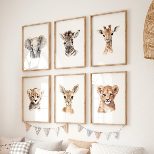 Leuke Safari dierenprints | Set van 6 | Safari kinderkamer decor | Safaridieren | Digitale afdrukken | Jungle kinderkamer decor | Safari kinderkamer thema