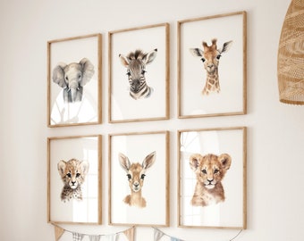 Lindos estampados de animales Safari / Conjunto de 6 / Decoración de vivero Safari / Animales Safari / Impresiones digitales / Decoración de vivero de selva / Tema de vivero Safari