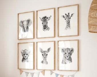 Black and White Safari Animal Nursery Prints: Set of 6 (Digital Download)