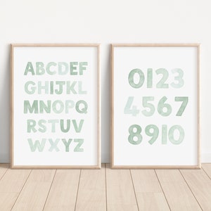 Green Alphabet and Numbers Print: Educational Nursery Decor (Set of 2) (Digital Print)
