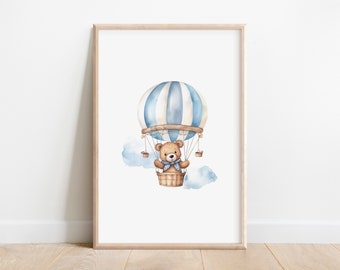 Teddy Bear Hot Air Balloon Print: Boy Nursery Decor (Digital Print)
