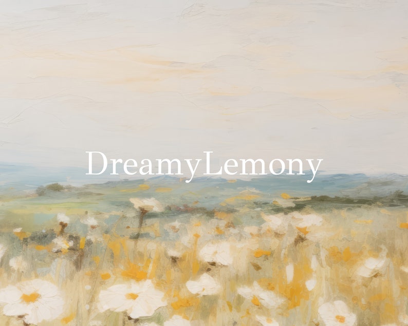 May include: A painting of a field of white wildflowers with a soft, dreamy, and hazy background. The sky is a pale blue with hints of pink and yellow. The flowers are in various stages of bloom, with some fully open and others still in bud. The painting has a soft, romantic feel.