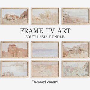 May include: A set of nine framed watercolour paintings depicting scenes from South Asia. The paintings feature a variety of subjects, including architecture, landscapes, and people. The frames are all made of wood and have a natural finish.