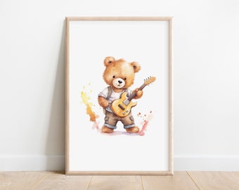 Teddy Bear Guitarist Print | Music Nursery Print | Music Nursery Wall Art | Digital Print | Nursery Animal Prints | Music Nursery Decor