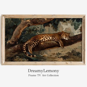 May include: A watercolor painting of a leopard sleeping on a tree branch in a lush green forest. The leopard is brown and black with spots. The background is a blur of green leaves and branches.
