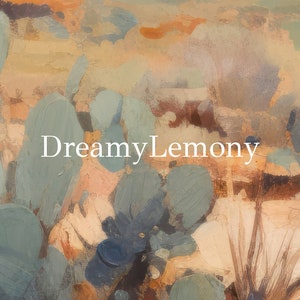 May include: Abstract painting with a dreamy, lemony color palette. The painting features a variety of shapes and textures, including cacti, flowers, and foliage. The colors are soft and muted, creating a calming and peaceful atmosphere.