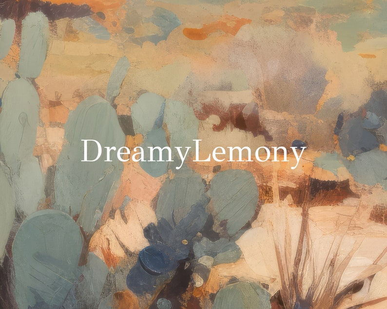 May include: Abstract painting with a dreamy, lemony color palette. The painting features a variety of shapes and textures, including cacti, flowers, and foliage. The colors are soft and muted, creating a calming and peaceful atmosphere.