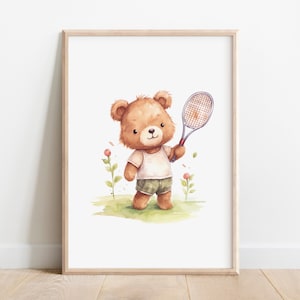 Tennis Nursery Print: Teddy Bear Sports Art (Digital Download)