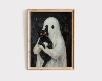 Ghost and Black Cat Halloween Print: Spooky Wall Art (Digital Download)