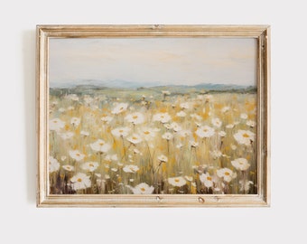 May include: A framed painting depicting a field of white wildflowers, with a soft, blurred background of a distant landscape. The painting is executed in a painterly style with visible brushstrokes.
