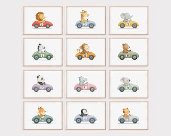 Stampe per cameretta di animali da corsa - Set da 12 (download digitale)
