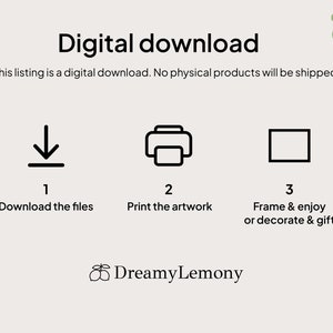 May include: Digital download instructions with icons for downloading, printing, and framing artwork. The text reads "Digital download. This listing is a digital download. No physical products will be shipped. 1. Download the files 2. Print the artwork 3. Frame & enjoy or decorate & gift DreamyLemony"