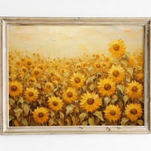 May include: A framed oil painting depicting a field of sunflowers in various shades of yellow and brown. The sunflowers are in full bloom and are arranged in a random pattern. The background is a soft, hazy yellow.