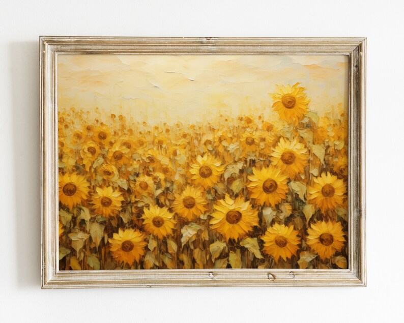 May include: A framed oil painting depicting a field of sunflowers in various shades of yellow and brown. The sunflowers are in full bloom and are arranged in a random pattern. The background is a soft, hazy yellow.