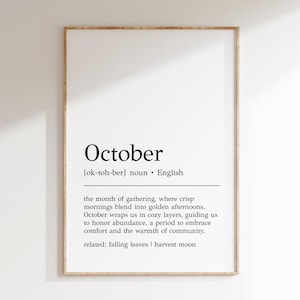Definizione di stampa di ottobre / Arte murale autunnale / Arte ispiratrice / Decorazioni autunnali / Stampa del dizionario / Decorazioni di ottobre / Download digitale