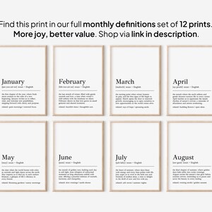 May include: Set of eight printable wall art prints featuring the definitions of each month of the year. Each print has a white background with black text. The prints are arranged in two rows of four.