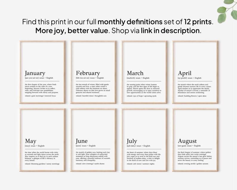 May include: Set of eight printable wall art prints featuring the definitions of each month of the year. Each print has a white background with black text. The prints are arranged in two rows of four.