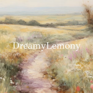 May include: A painting of a winding dirt path through a field of wildflowers. The path leads to a distant horizon with a hazy blue sky.