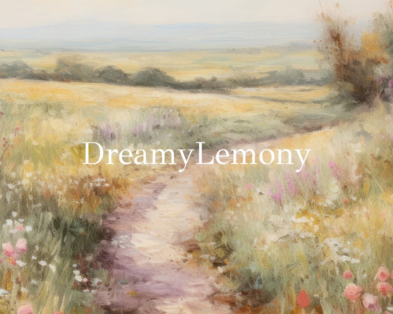 May include: A painting of a winding dirt path through a field of wildflowers. The path leads to a distant horizon with a hazy blue sky.