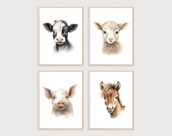 Láminas de animales de granja para guardería: ternero, cordero, cerdo y poni (juego de 4) (descarga digital)