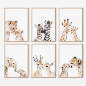 Set of safari animal nursery prints featuring mom and baby animals.