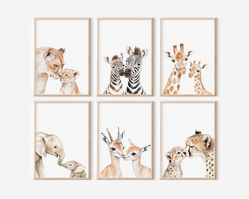 Set of safari animal nursery prints featuring mom and baby animals.