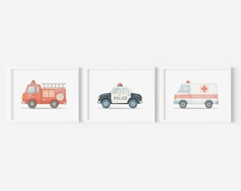 Emergency Vehicle Nursery Prints: Fire Truck, Police Car, Ambulance (Set of 3) (Digital Download)