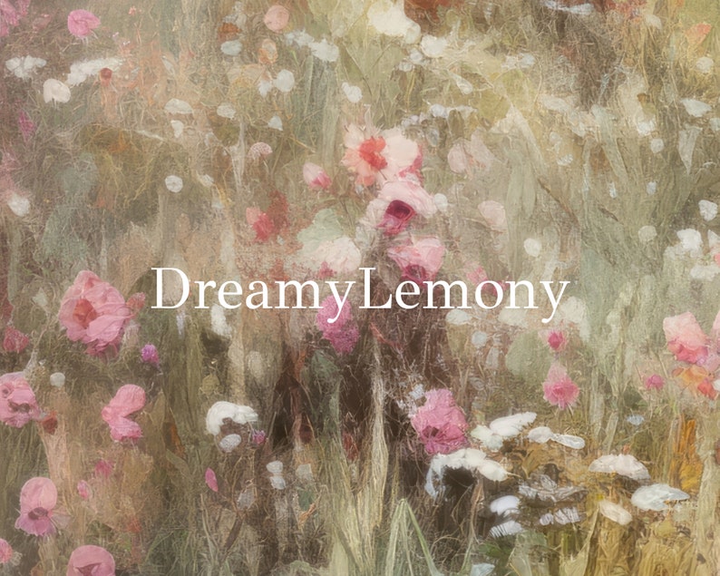 May include: A dreamy, soft-focus image of a field of pink and white flowers. The flowers are blurred and the background is a soft green. The text "Dreamy Lemony" is superimposed on the image.