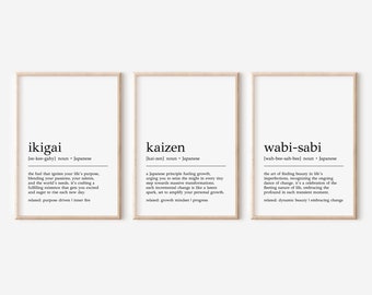 Japanese Definition Prints | Set of 3 Japanese Prints | Japanese Wall Art | Wabi Sabi Wall Art | Kaizen Print | Ikigai Print | Digital Print