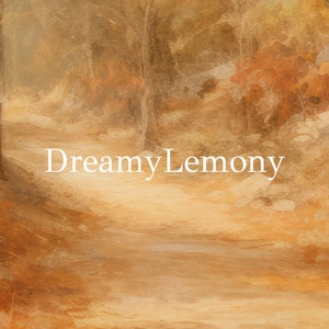 May include: A painting of a path through a forest with a dreamy, hazy, and golden yellow color palette. The text "Dreamy Lemony" is written in white in the center of the image.