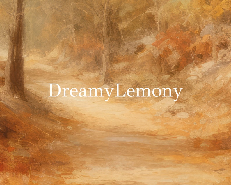 May include: A painting of a path through a forest with a dreamy, hazy, and golden yellow color palette. The text "Dreamy Lemony" is written in white in the center of the image.