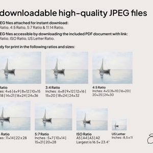 May include: A graphic showing the different aspect ratios and sizes of downloadable high-quality JPEG files of a painting of a sailboat on the water. The aspect ratios include 2:3, 3:4, 4:5, 5:7, 11:14, ISO, and US Letter. The sizes are listed in inches.