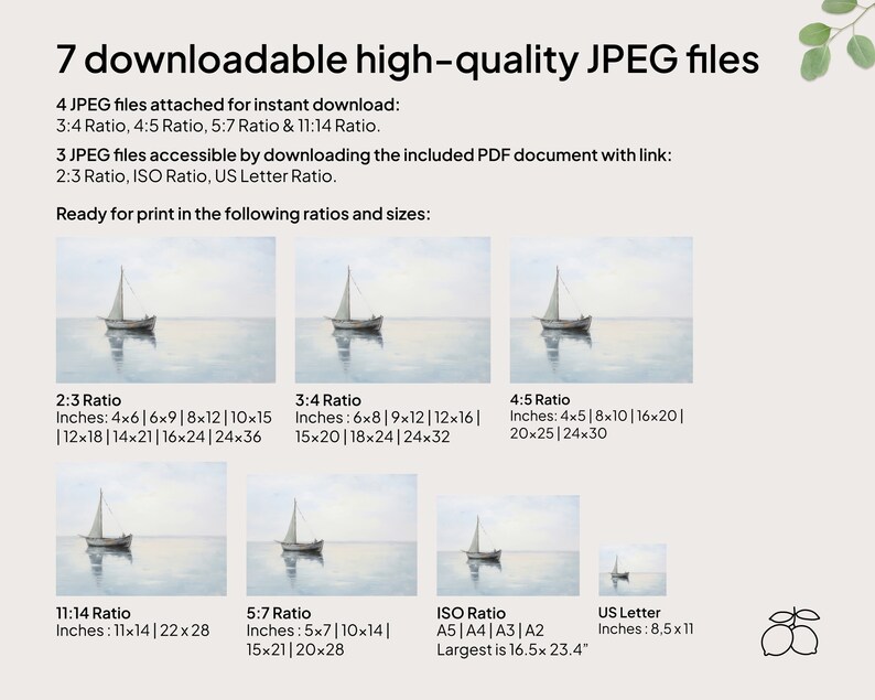 May include: A graphic showing the different aspect ratios and sizes of downloadable high-quality JPEG files of a painting of a sailboat on the water. The aspect ratios include 2:3, 3:4, 4:5, 5:7, 11:14, ISO, and US Letter. The sizes are listed in inches.