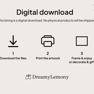 May include: Digital download instructions with icons for downloading, printing, and framing artwork. The text reads "Digital download. This listing is a digital download. No physical products will be shipped. 1. Download the files 2. Print the artwork 3. Frame & enjoy or decorate & gift DreamyLemony"