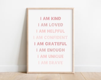 Roze affirmatieposter: inspirerende kindermuurkunst (digitale print)